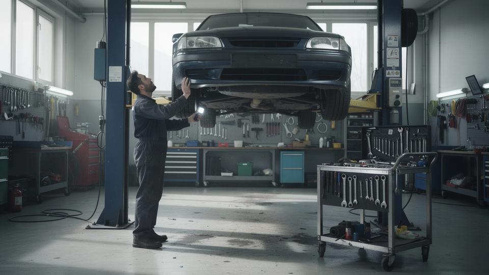 Technician inspecting a car raised on a lift at an independent partner workshop