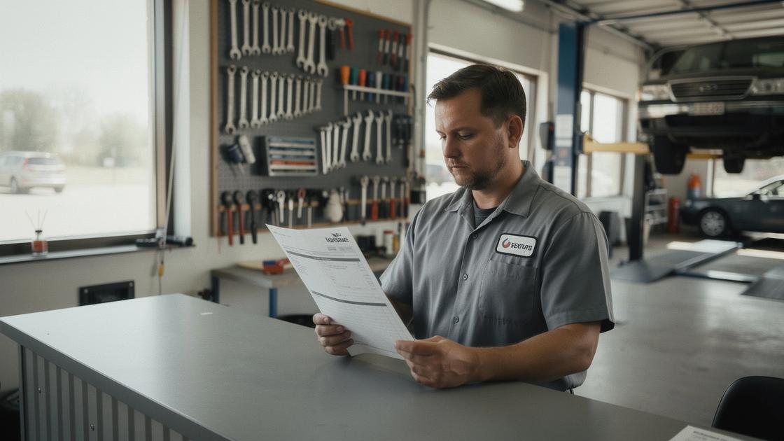 Service advisor reviewing a printed repair estimate at a partner workshop desk in Kyiv