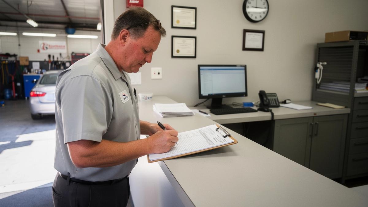 Service advisor writing a repair estimate at the front desk of an auto repair workshop
