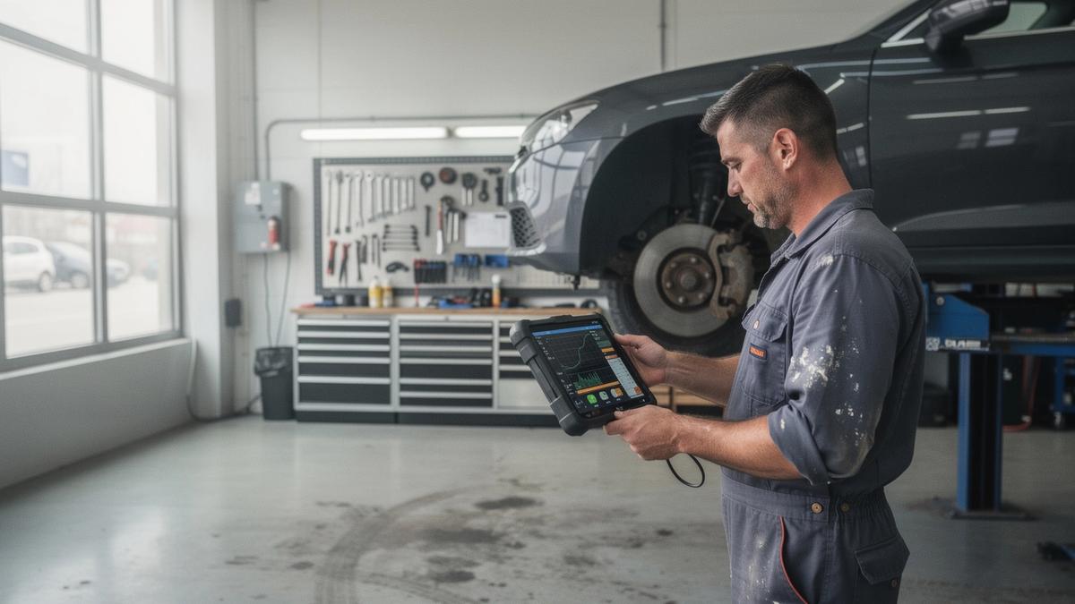 Technician comparing live sensor readings on a diagnostic tablet beside a car raised on a workshop lift
