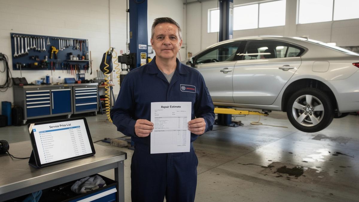 Mechanic comparing a printed repair estimate beside a car raised on a workshop lift