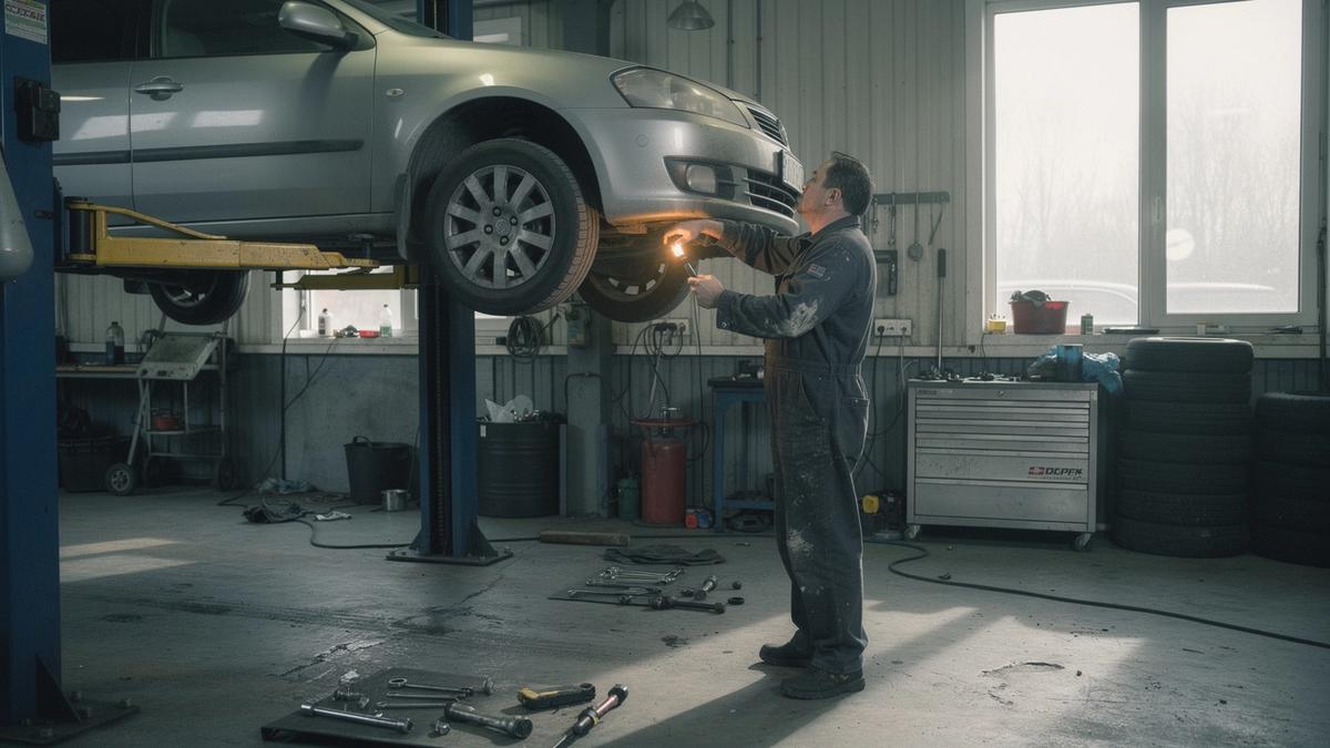 Mechanic working beneath a lifted car inside an independent partner workshop