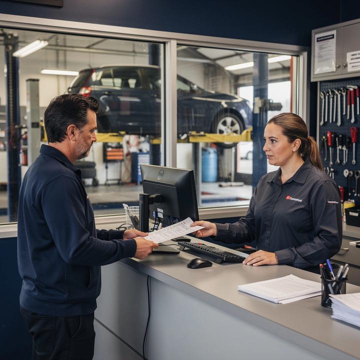 Service adviser handing a printed repair estimate to a car owner at a workshop reception desk