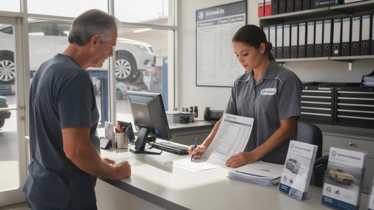 Service adviser and driver reviewing a printed repair estimate at a workshop desk