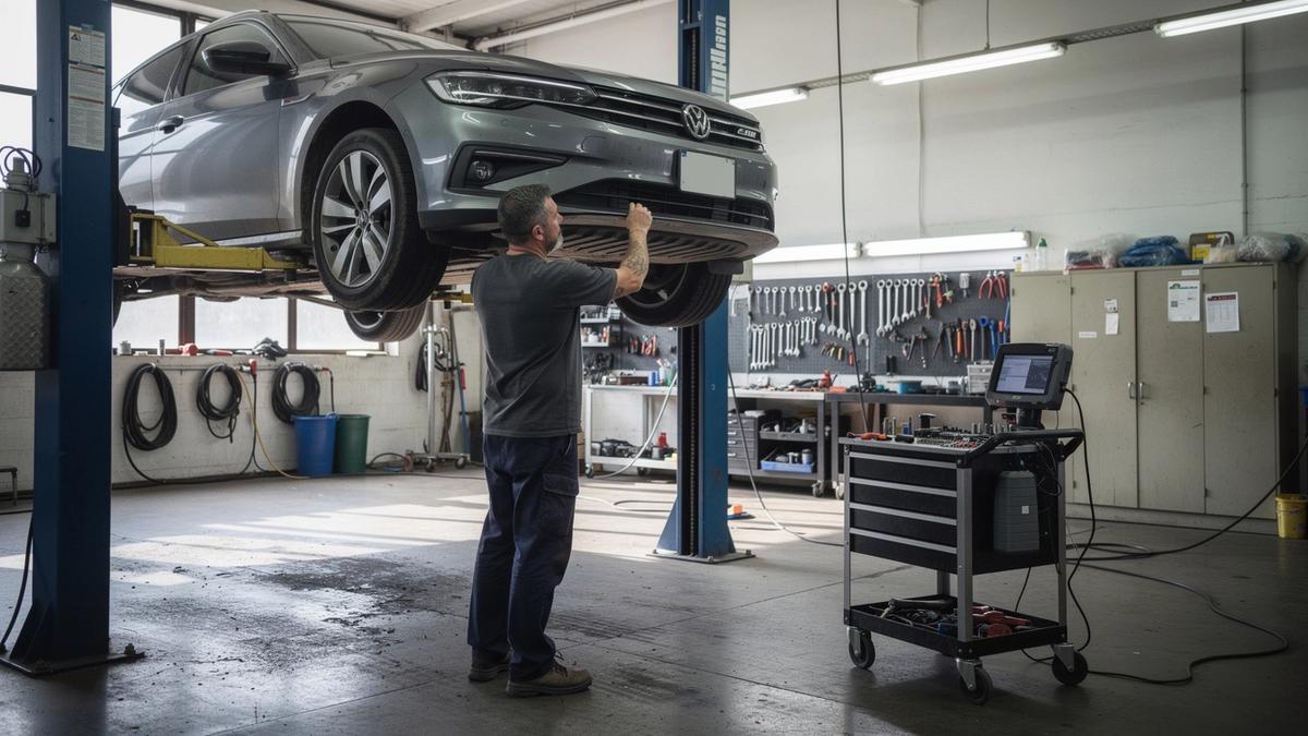 Certified technician inspecting a vehicle on a two-post lift in a clean service bay