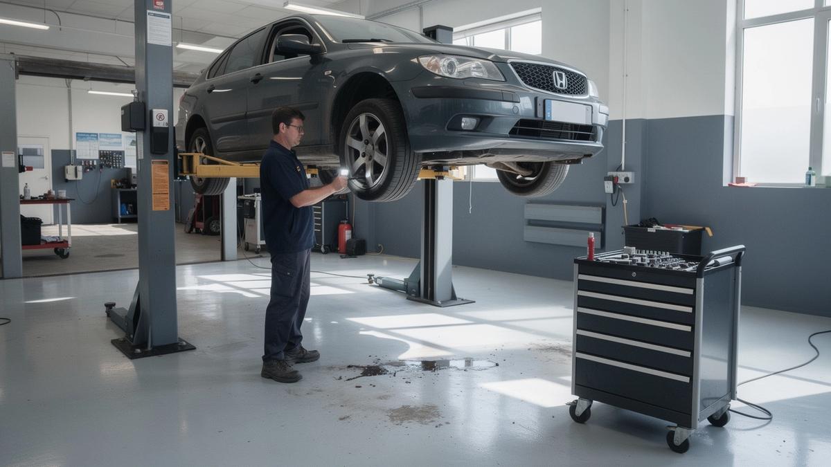 Technician inspecting a car raised on a lift at a partner auto repair workshop