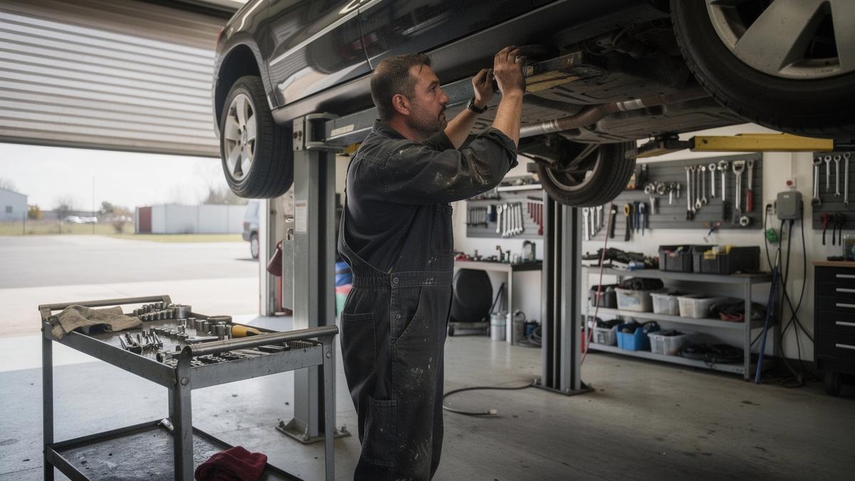 Mechanic inspecting a lifted car inside an independent partner workshop